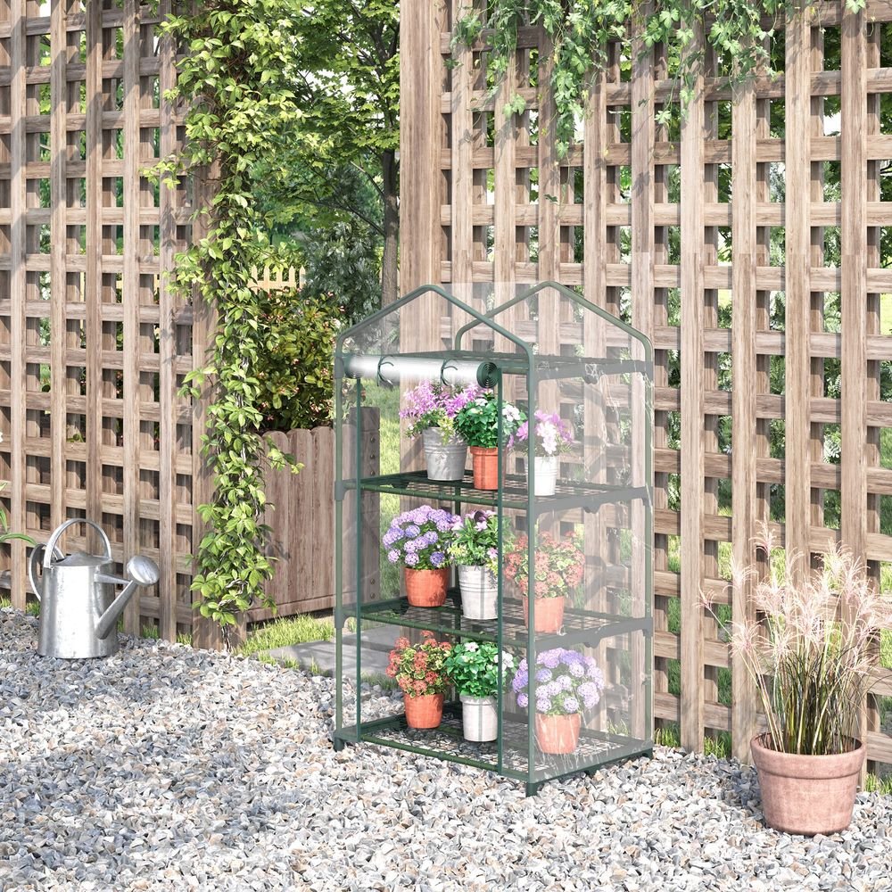 Premium 3 Tier Mini Greenhouse, Roll Up Door, Wire Shelves, 69x49x125cm - SGP Garden Ltd