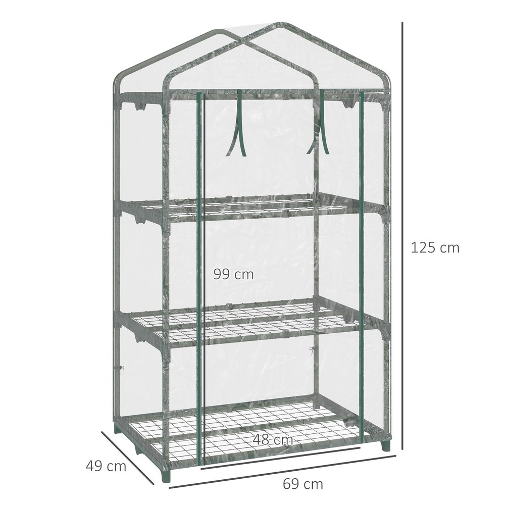 Premium 3 Tier Mini Greenhouse, Roll Up Door, Wire Shelves, 69x49x125cm - SGP Garden Ltd