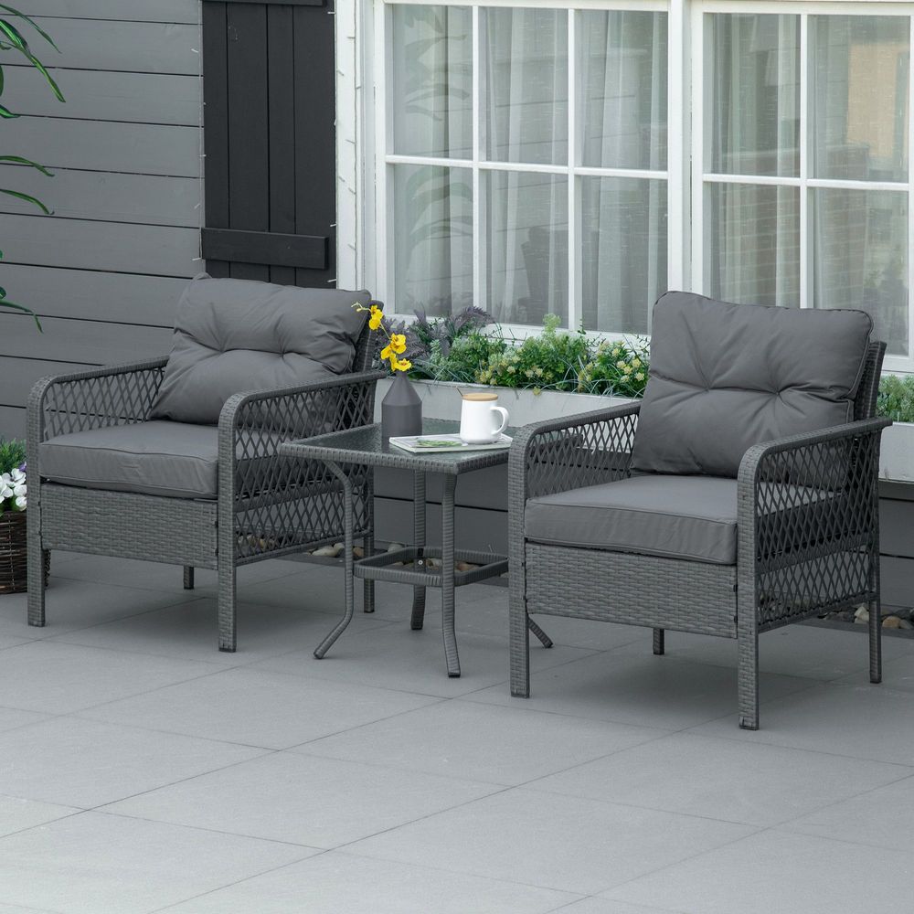 Premium 3Pc Patio Rattan Bistro Set | Armchairs & Glass Table | Outdoor Furniture by Outsunny - SGP Garden Ltd