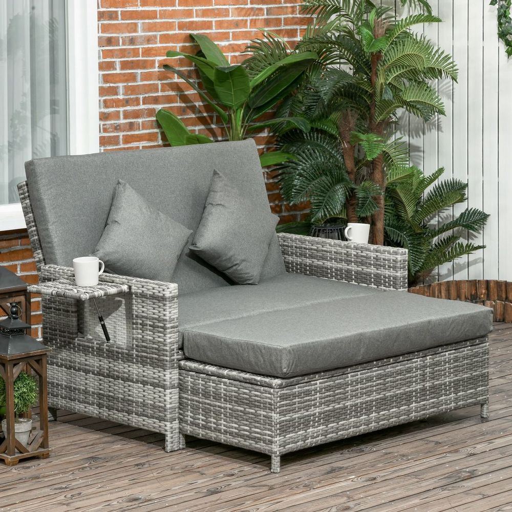 Premium Outsunny Garden Rattan Furniture Set - 2 Seater Patio Sun Lounger Daybed - SGP Garden Ltd
