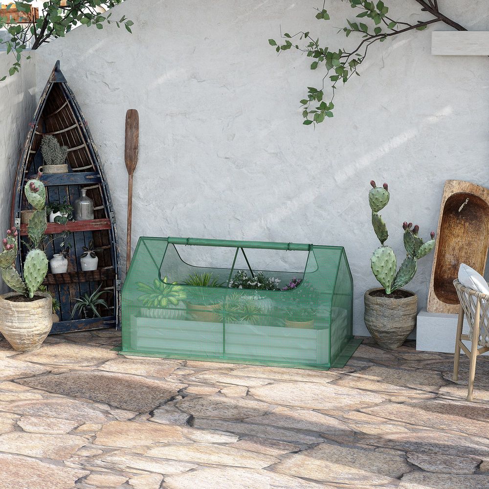 Premium Outsunny Raised Garden Bed Planter with Greenhouse - Large Window, Green Steel Frame - SGP Garden Ltd