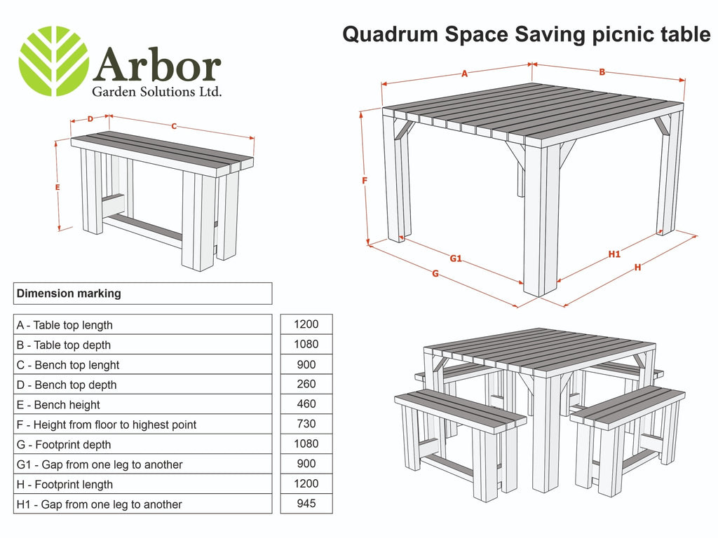 QUADRUM Picnic Table With 4 Benches - Rustic Finish - SGP Garden Ltd