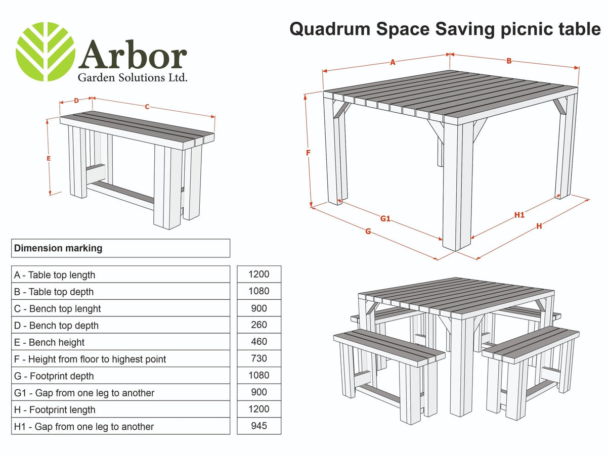 QUADRUM Picnic Table With 4 Benches - Rustic Finish - SGP Garden Ltd