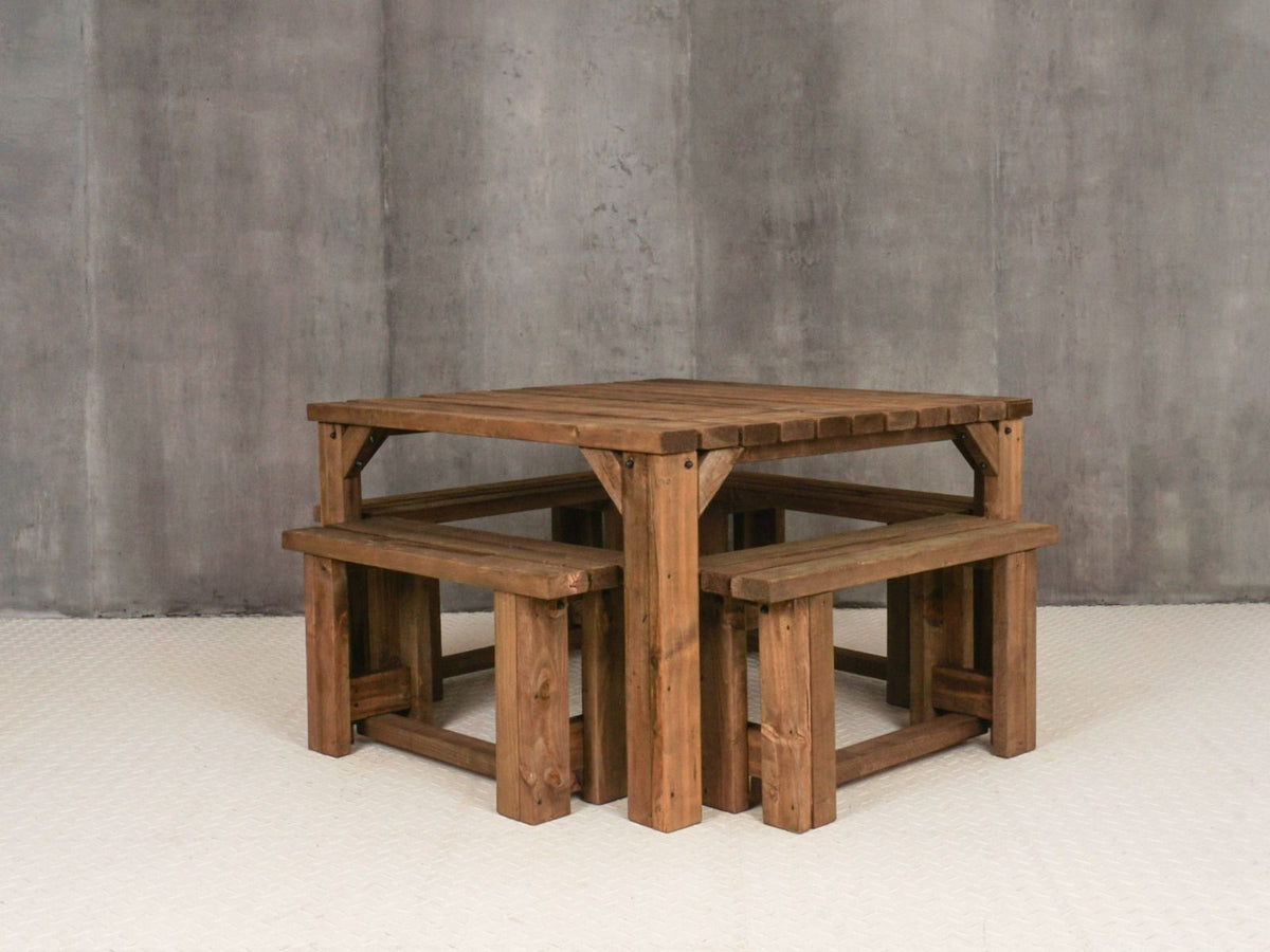 QUADRUM Picnic Table With 4 Benches - Rustic Finish - SGP Garden Ltd