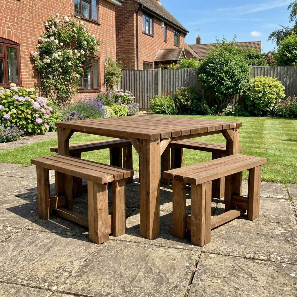 QUADRUM Picnic Table With 4 Benches - Rustic Finish - SGP Garden Ltd