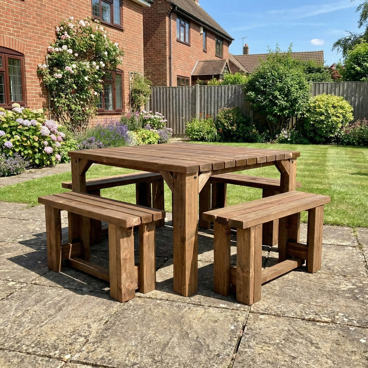 QUADRUM Picnic Table With 4 Benches - Rustic Finish - SGP Garden Ltd