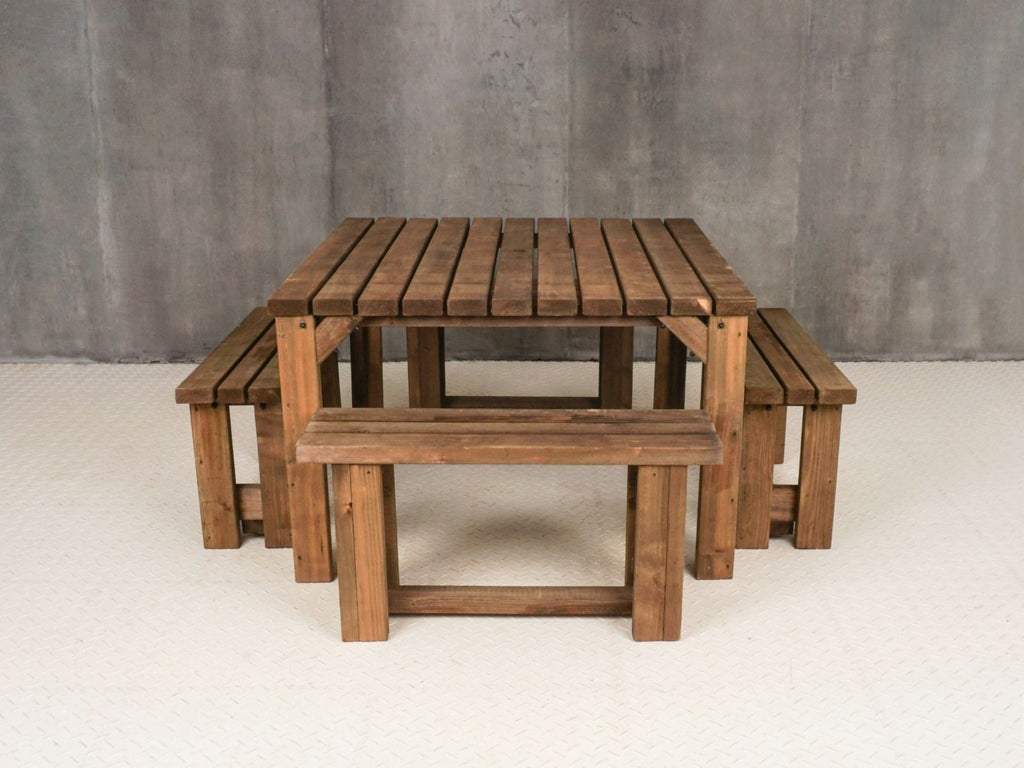 QUADRUM Picnic Table With 4 Benches - Rustic Finish - SGP Garden Ltd
