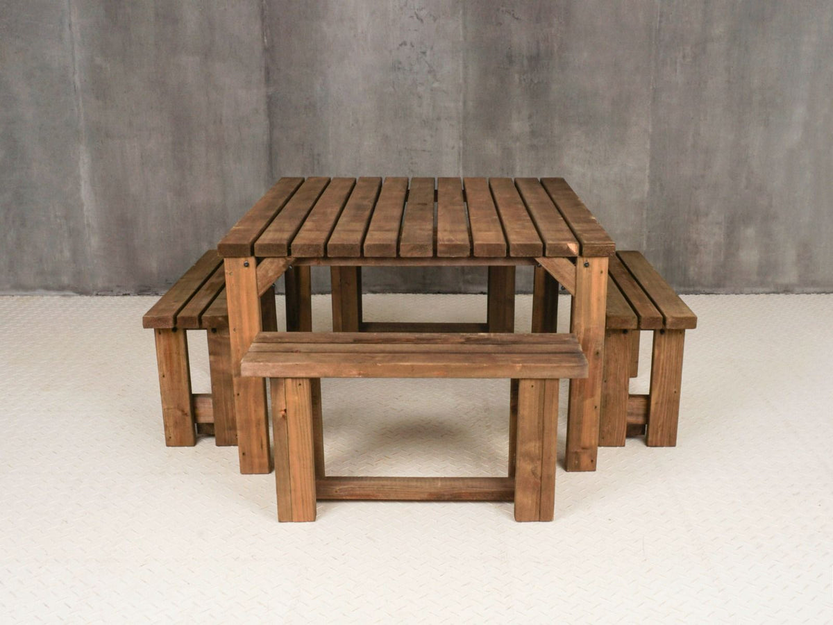 QUADRUM Picnic Table With 4 Benches - Rustic Finish - SGP Garden Ltd