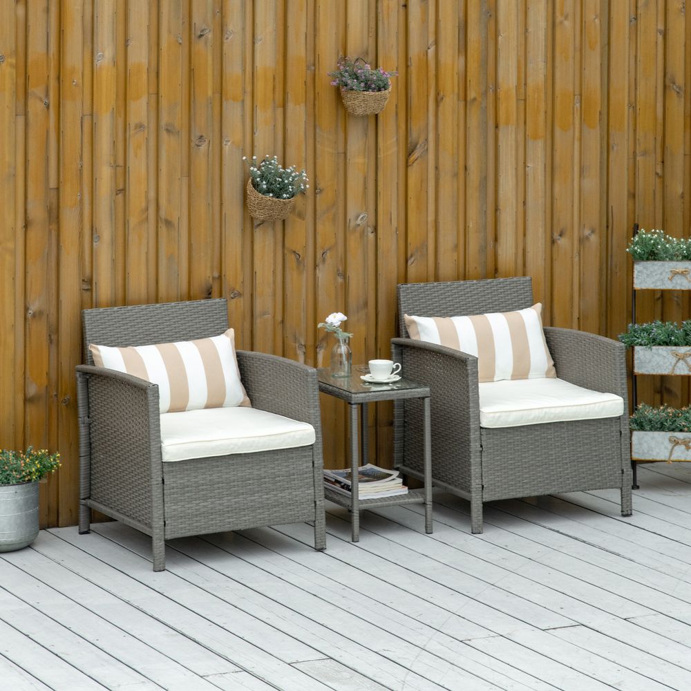 Rattan 2 Seater Patio Bistro Set with Cushion Pillow - Grey, Cream White - SGP Garden Ltd