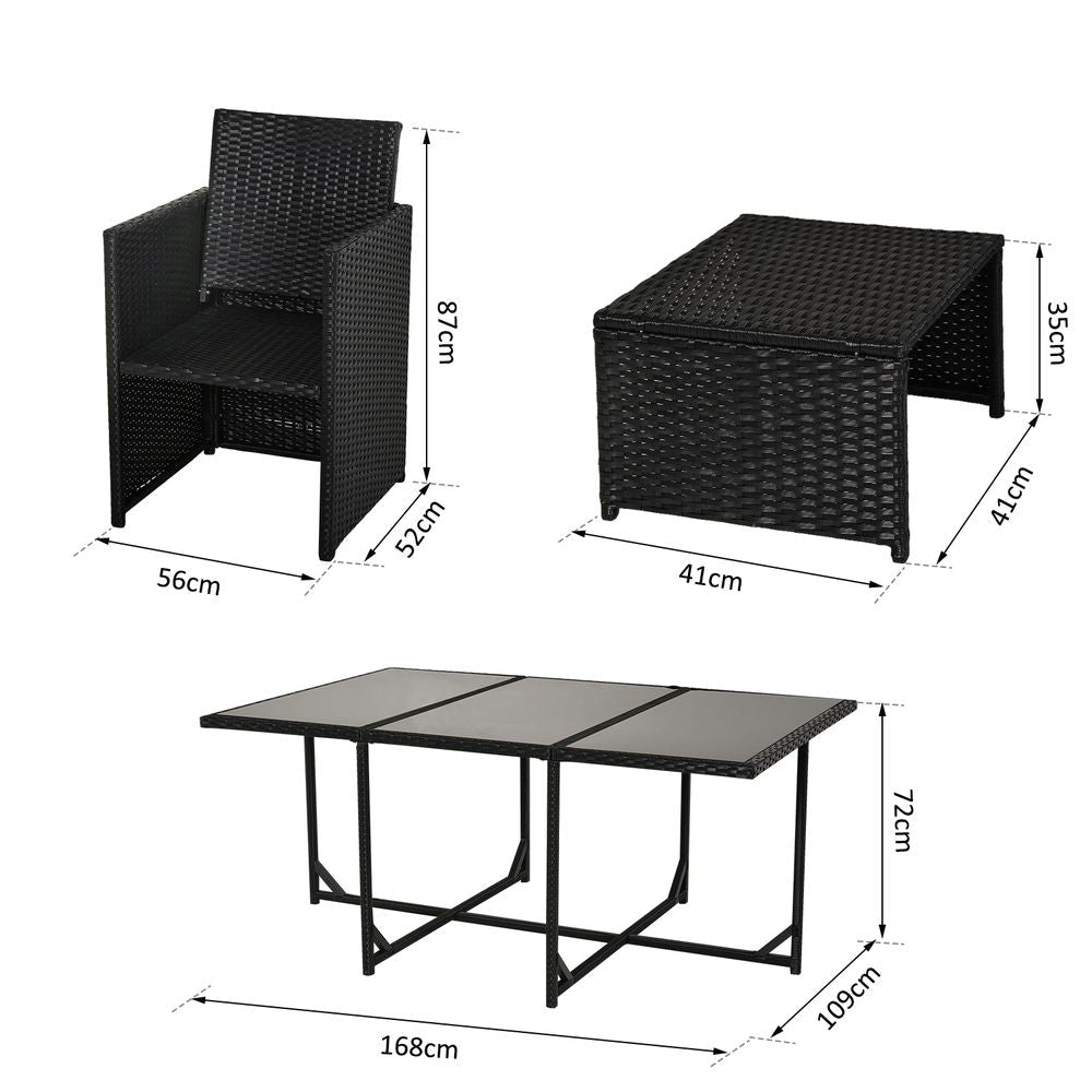 Rattan Dining Set, 11 PC- Black metal frame, PE rattan, 6 chairs & 4 footstools. Tempered glass. Cushions - SGP Garden Ltd