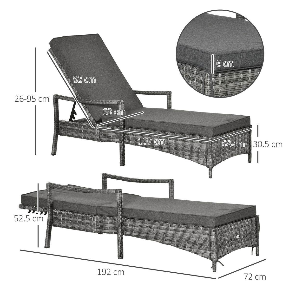 Rattan Single Sun Lounger Reclining Chair 4 Adjustable Backrest & Cushion Grey - SGP Garden Ltd