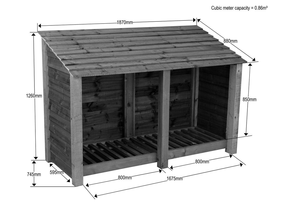 Slatted Wooden Log Store W-187cm, H-126cm or 180cm, D-88cm - Brown Finish - SGP Garden Ltd