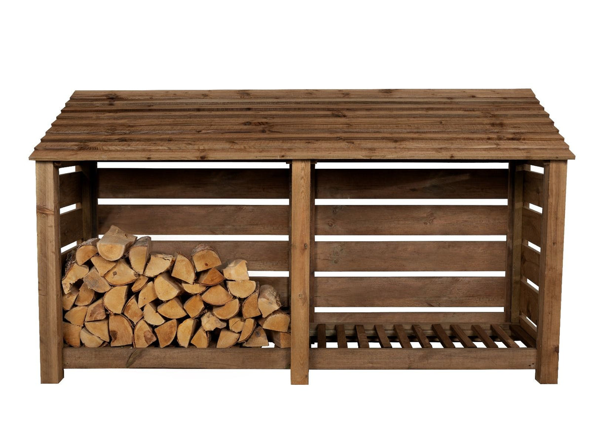 Slatted Wooden Log Store W-227cm, H-126cm or 180cm, D-88cm - Brown Finish - SGP Garden Ltd