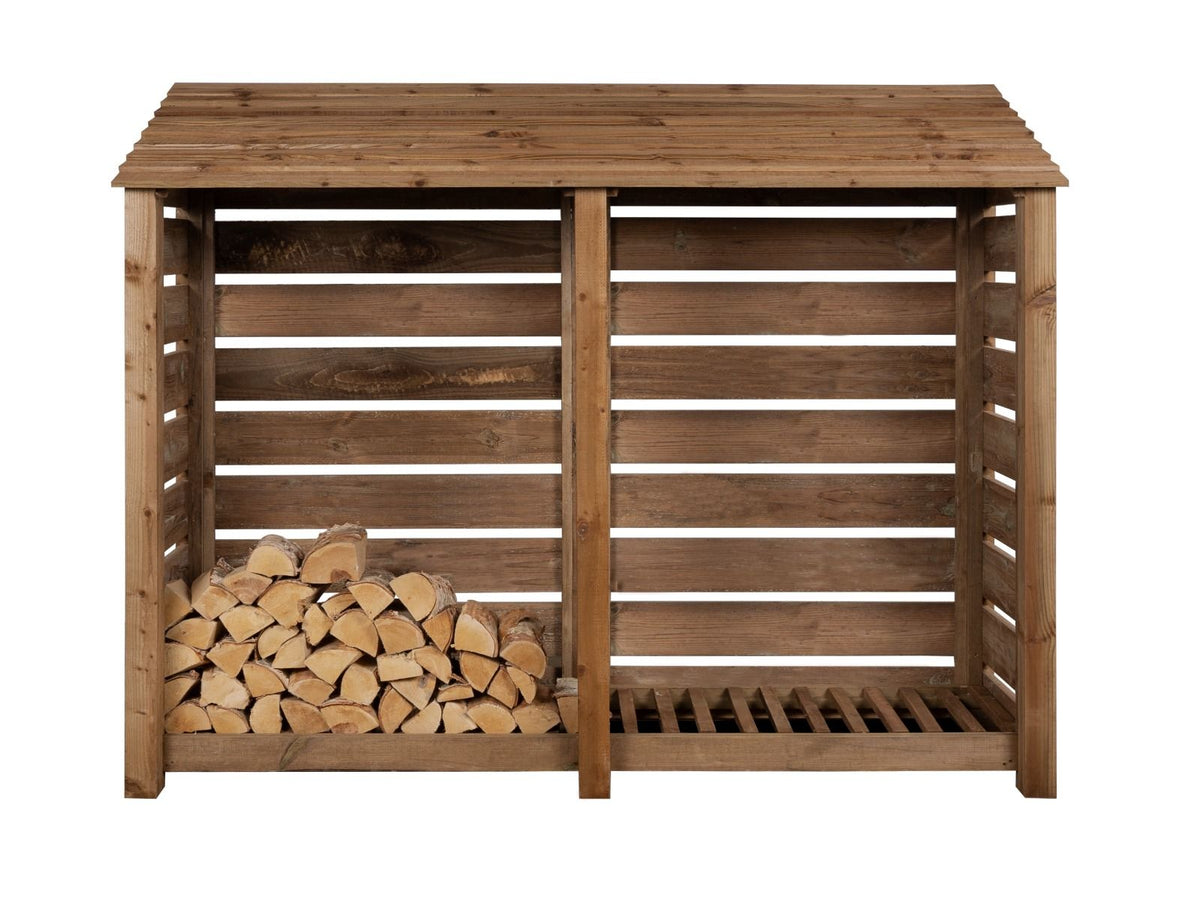 Slatted Wooden Log Store W-227cm, H-126cm or 180cm, D-88cm - Brown Finish - SGP Garden Ltd