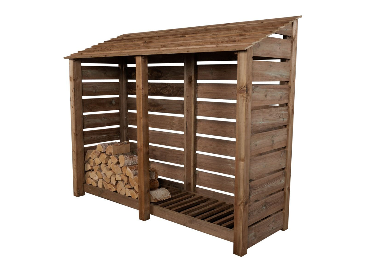 Slatted Wooden Log Store W-227cm, H-126cm or 180cm, D-88cm - Brown Finish - SGP Garden Ltd