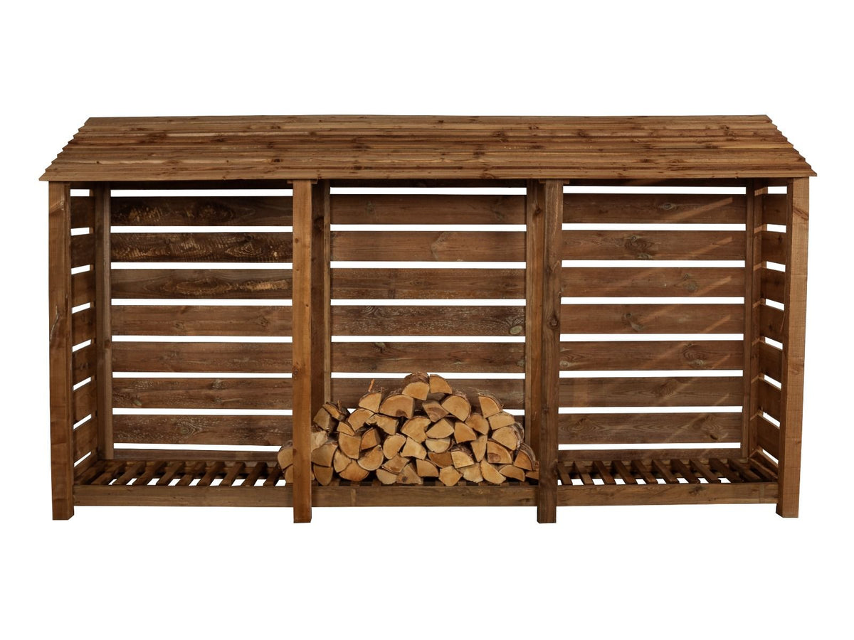 Slatted Wooden Log Store W-335cm, H-126cm or 180cm, D-88cm - Brown Finish - SGP Garden Ltd