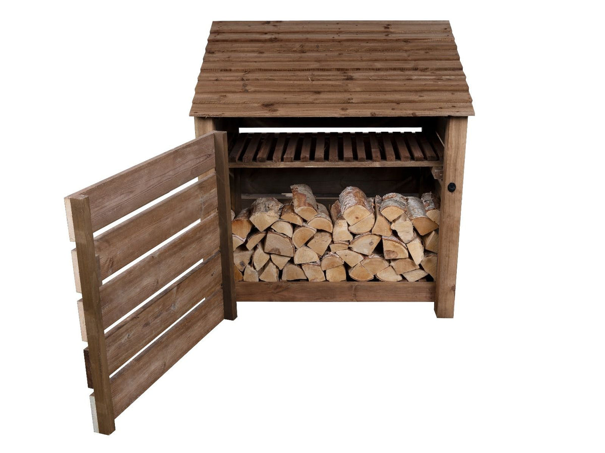 Slatted Wooden Log Store with Door and Shelf W-119cm, H-126cm or 180cm, D-88cm - Brown Finish - SGP Garden Ltd