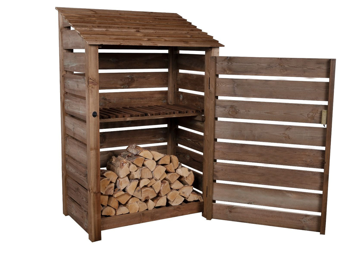 Slatted Wooden Log Store with Door and Shelf W-119cm, H-126cm or 180cm, D-88cm - Brown Finish - SGP Garden Ltd