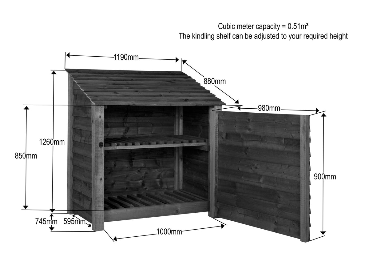 Slatted Wooden Log Store with Door and Shelf W-119cm, H-126cm or 180cm, D-88cm - Brown Finish - SGP Garden Ltd