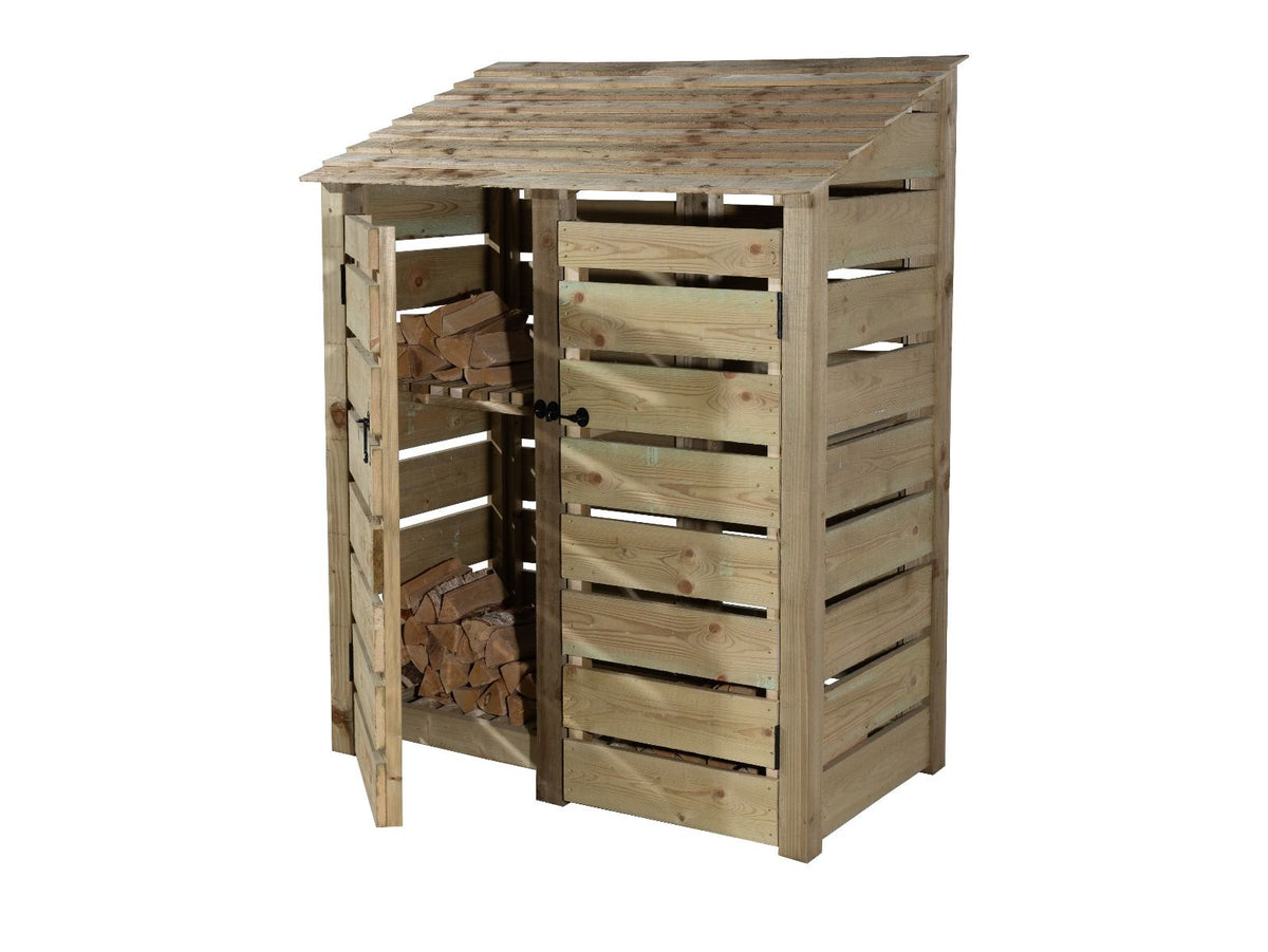 Slatted Wooden Log Store with Door and Shelf W-146cm, H-126cm or 180cm, D-88cm - SGP Garden Ltd