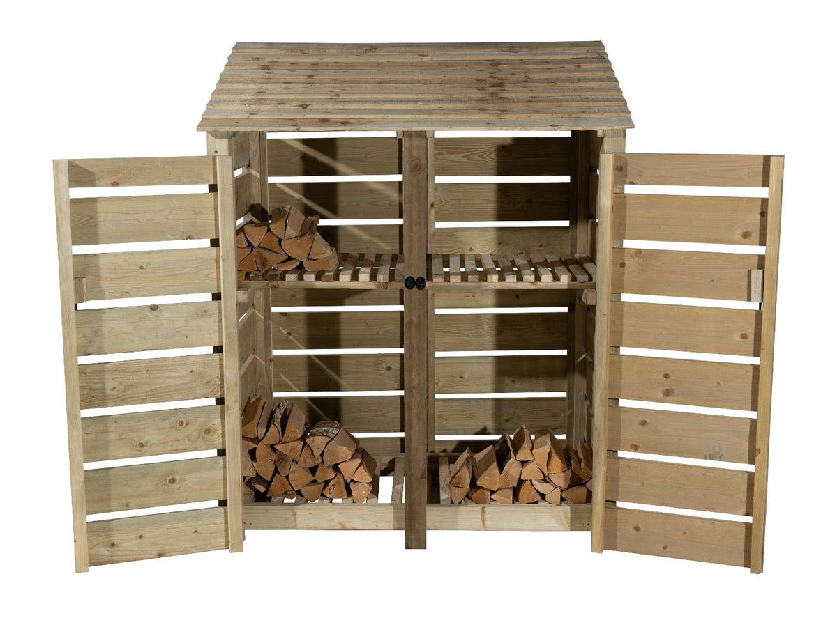 Slatted Wooden Log Store with Door and Shelf W-146cm, H-126cm or 180cm, D-88cm - SGP Garden Ltd