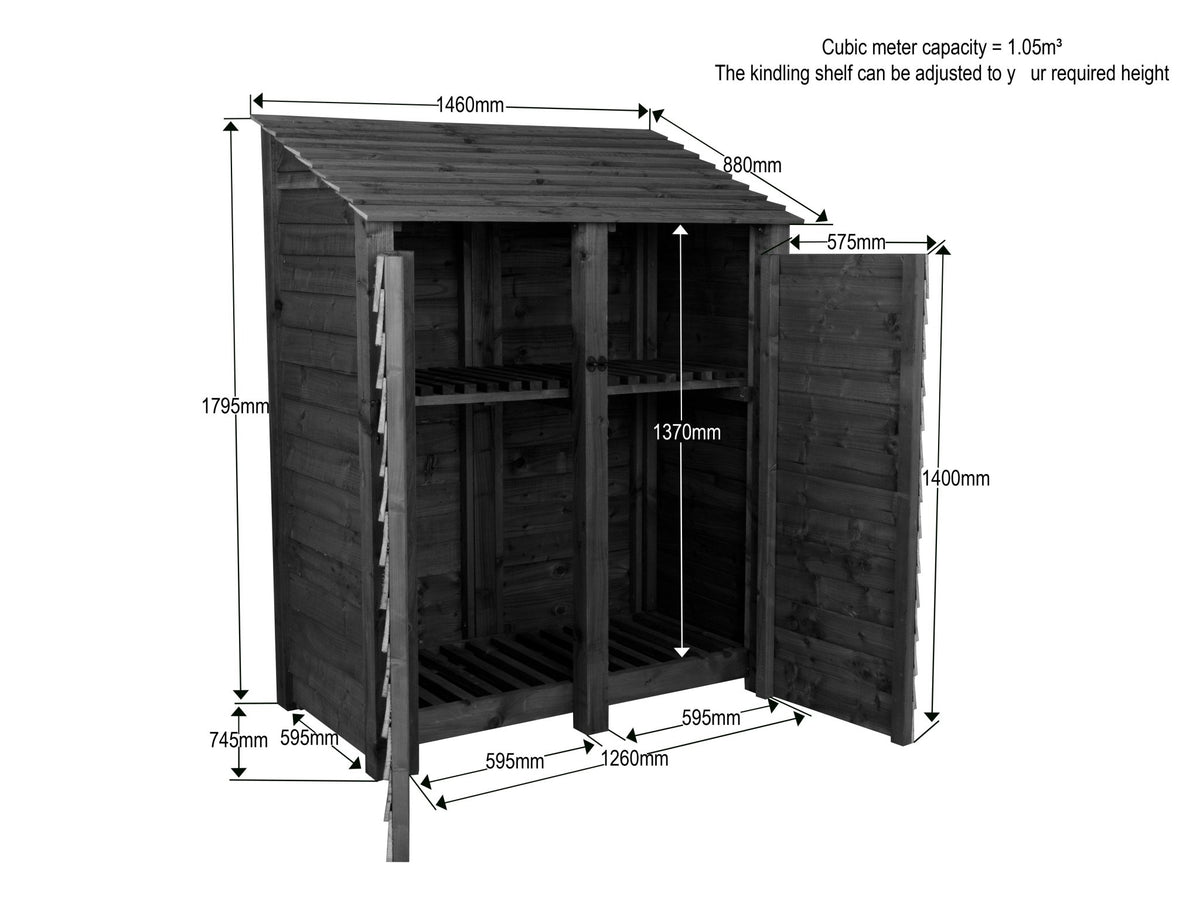 Slatted Wooden Log Store with Door and Shelf W-146cm, H-126cm or 180cm, D-88cm - SGP Garden Ltd