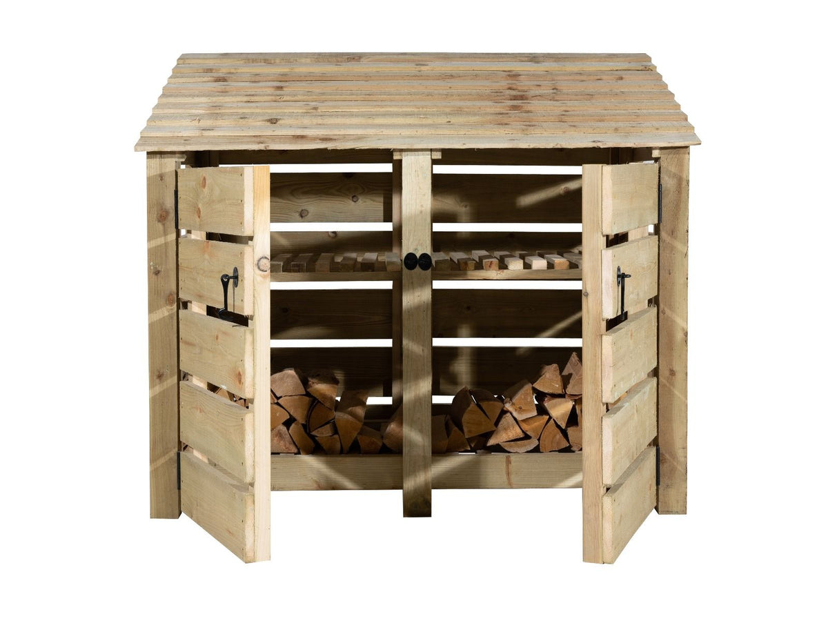 Slatted Wooden Log Store with Door and Shelf W-146cm, H-126cm or 180cm, D-88cm - SGP Garden Ltd