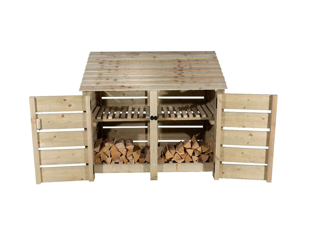Slatted Wooden Log Store with Door and Shelf W-146cm, H-126cm or 180cm, D-88cm - SGP Garden Ltd