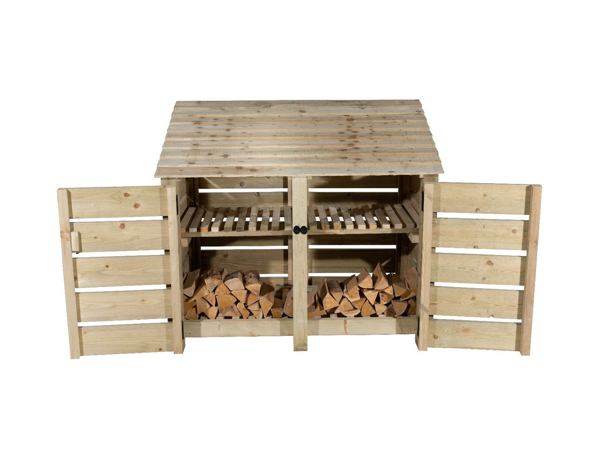 Slatted Wooden Log Store with Door and Shelf W-146cm, H-126cm or 180cm, D-88cm - SGP Garden Ltd