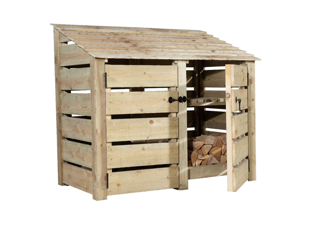 Slatted Wooden Log Store with Door and Shelf W-146cm, H-126cm or 180cm, D-88cm - SGP Garden Ltd