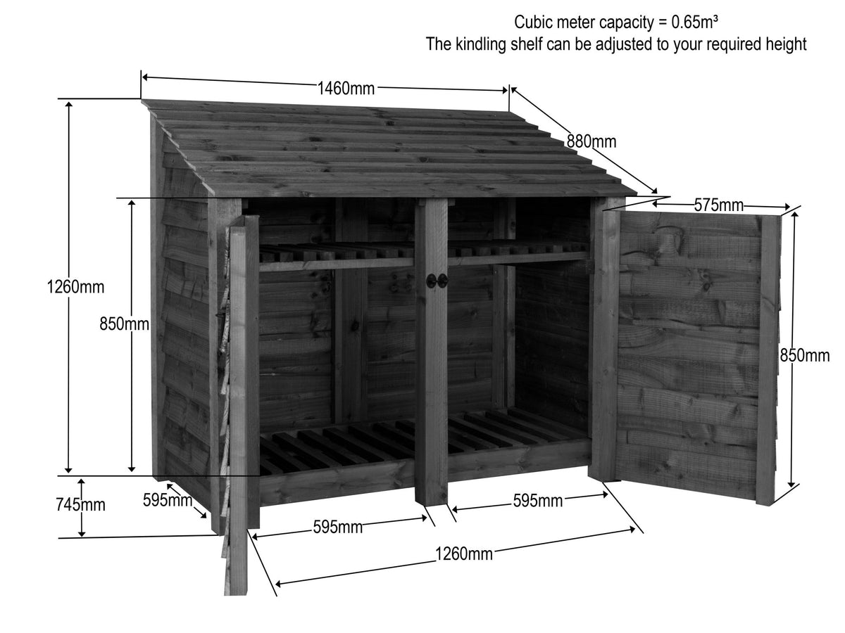 Slatted Wooden Log Store with Door and Shelf W-146cm, H-126cm or 180cm, D-88cm - Brown Finish - SGP Garden Ltd