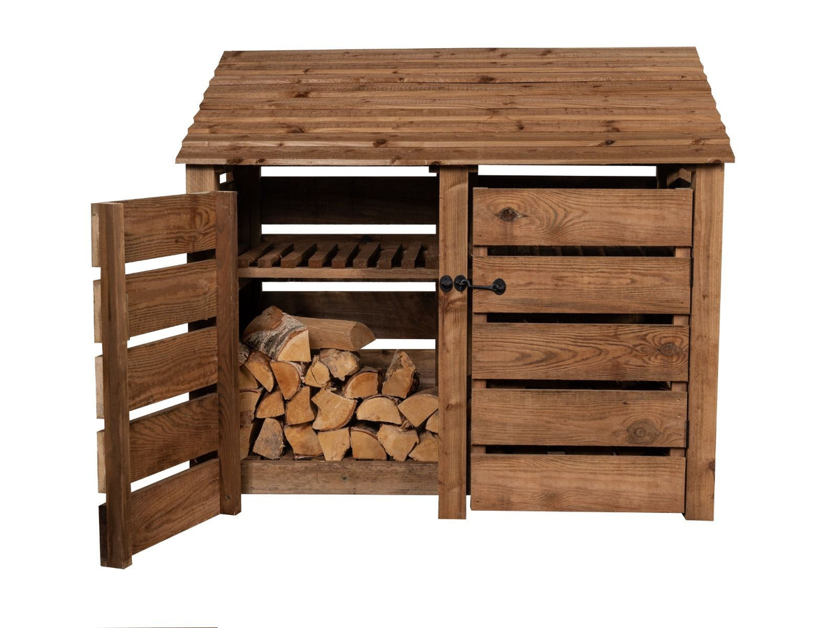 Slatted Wooden Log Store with Door and Shelf W-146cm, H-126cm or 180cm, D-88cm - Brown Finish - SGP Garden Ltd