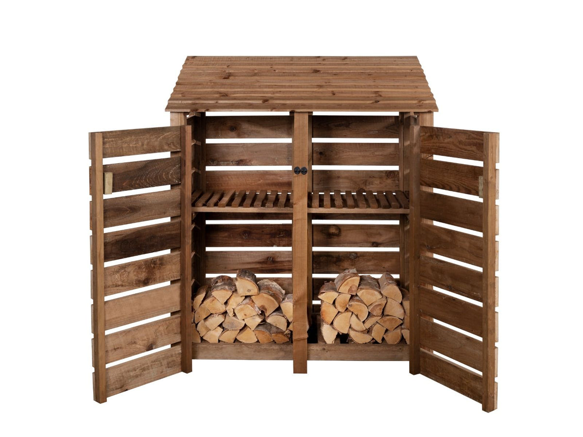 Slatted Wooden Log Store with Door and Shelf W-146cm, H-126cm or 180cm, D-88cm - Brown Finish - SGP Garden Ltd