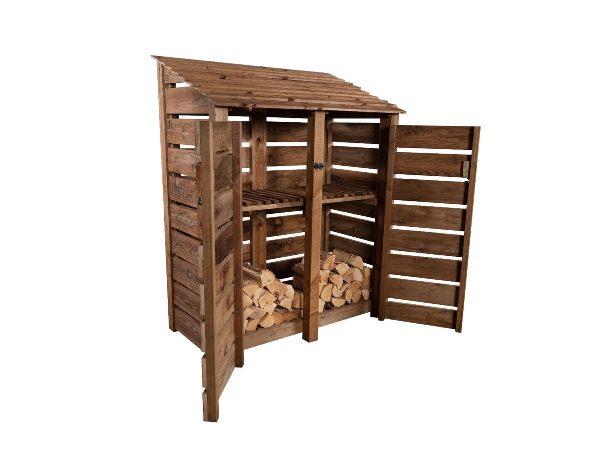Slatted Wooden Log Store with Door and Shelf W-146cm, H-126cm or 180cm, D-88cm - Brown Finish - SGP Garden Ltd