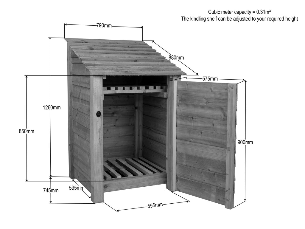 Slatted Wooden Log Store With Door and Shelf W-79cm, H-126cm or 180cm, D-88cm - Brown Finish - SGP Garden Ltd