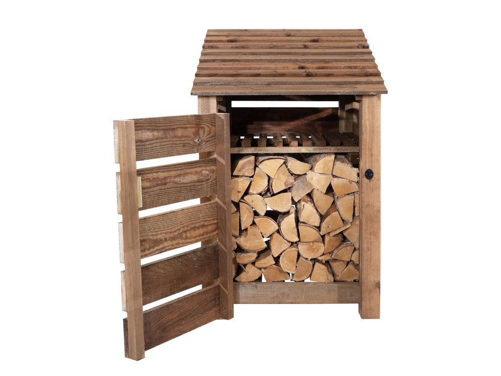 Slatted Wooden Log Store With Door and Shelf W-79cm, H-126cm or 180cm, D-88cm - Brown Finish - SGP Garden Ltd