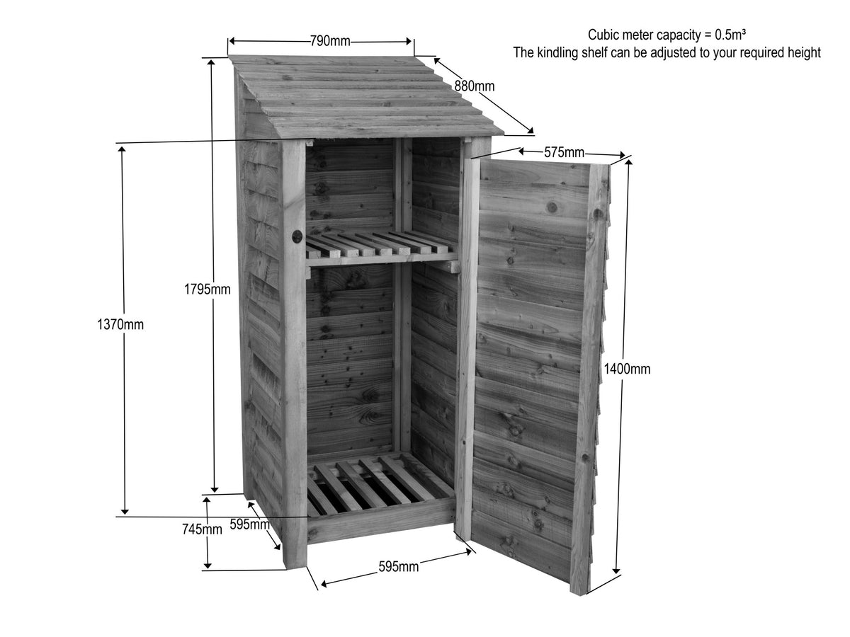 Slatted Wooden Log Store With Door and Shelf W-79cm, H-126cm or 180cm, D-88cm - Brown Finish - SGP Garden Ltd