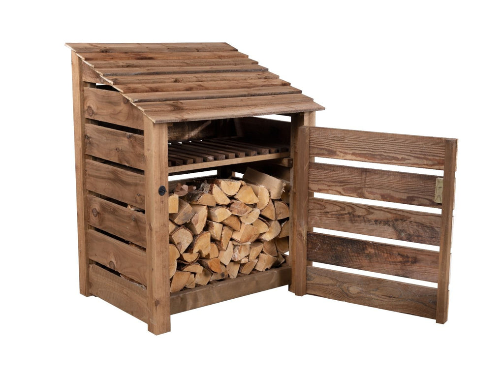 Slatted Wooden Log Store with Door and Shelf W-99cm, H-126cm or 180cm, D-88cm - Brown Finish - SGP Garden Ltd