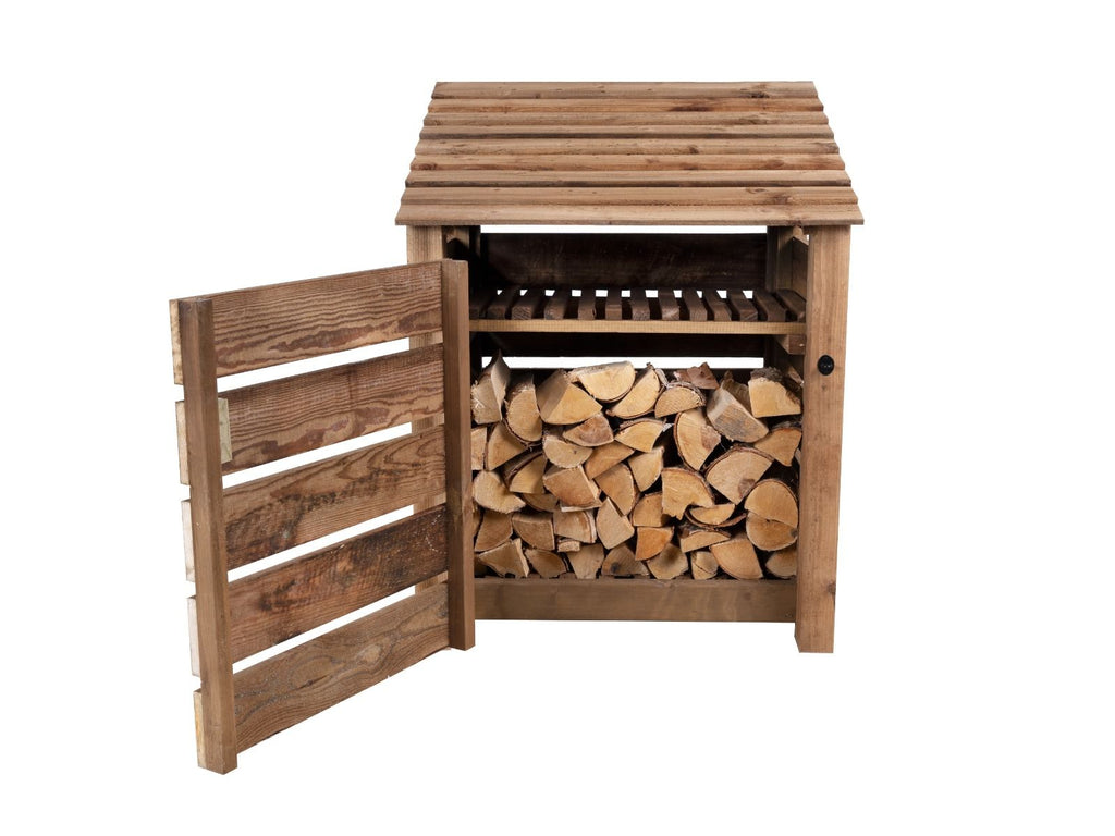 Slatted Wooden Log Store with Door and Shelf W-99cm, H-126cm or 180cm, D-88cm - Brown Finish - SGP Garden Ltd