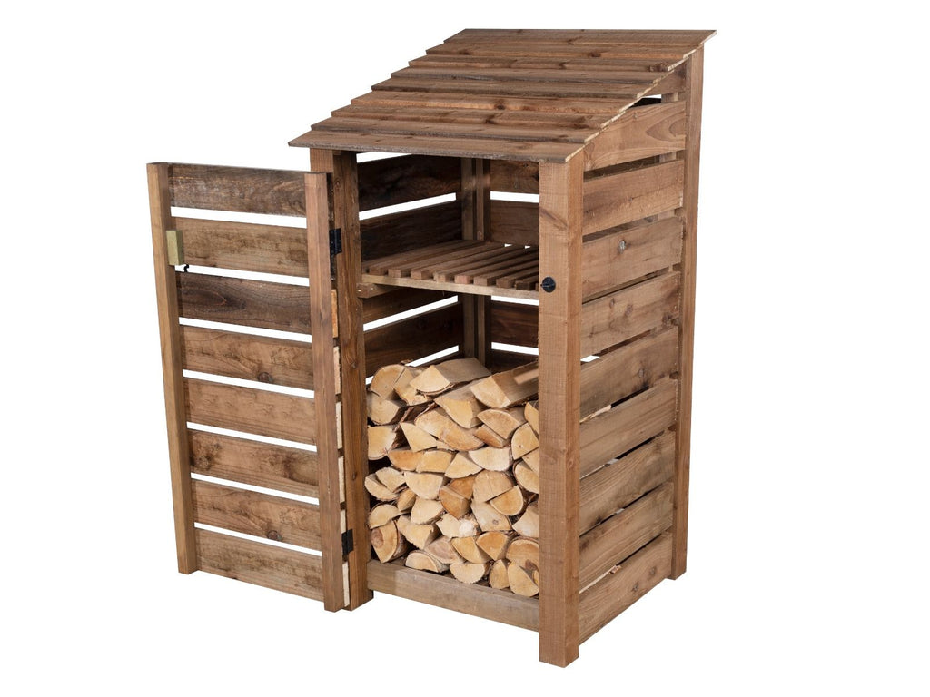 Slatted Wooden Log Store with Door and Shelf W-99cm, H-126cm or 180cm, D-88cm - Brown Finish - SGP Garden Ltd
