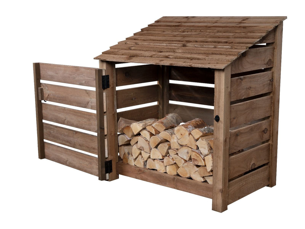 Slatted Wooden Log Store with Door W-119cm, H-126cm or 180cm, D-88cm - Brown Finish - SGP Garden Ltd