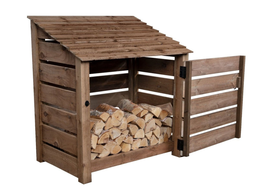 Slatted Wooden Log Store with Door W-119cm, H-126cm or 180cm, D-88cm - Brown Finish - SGP Garden Ltd