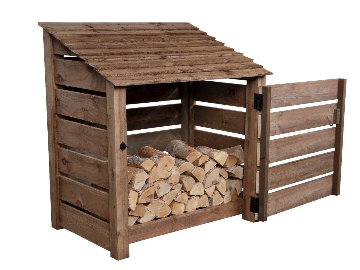 Slatted Wooden Log Store with Door W-119cm, H-126cm or 180cm, D-88cm - Brown Finish - SGP Garden Ltd