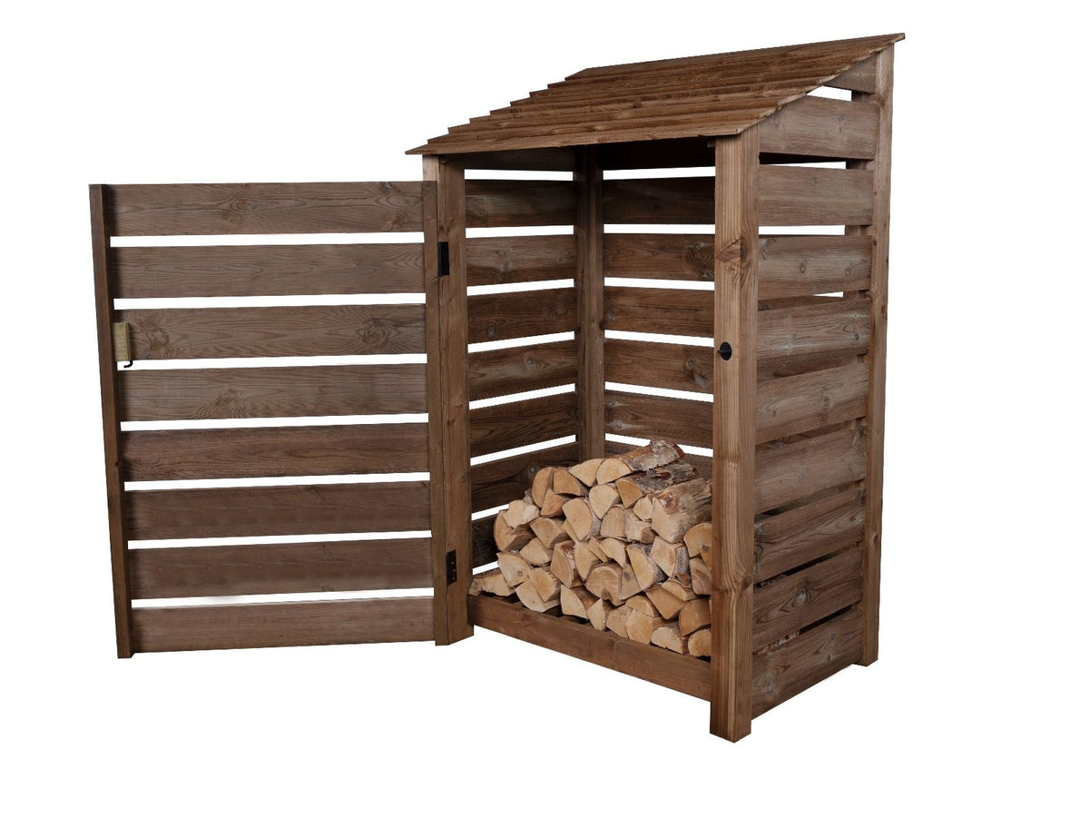 Slatted Wooden Log Store with Door W-119cm, H-126cm or 180cm, D-88cm - Brown Finish - SGP Garden Ltd
