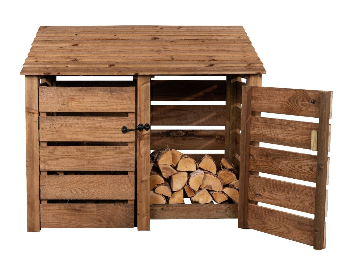 Slatted Wooden Log Store with Door W-146cm, H-126cm or 180cm, D-88cm - Brown Finish - SGP Garden Ltd