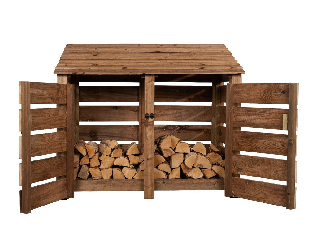 Slatted Wooden Log Store with Door W-146cm, H-126cm or 180cm, D-88cm - Brown Finish - SGP Garden Ltd