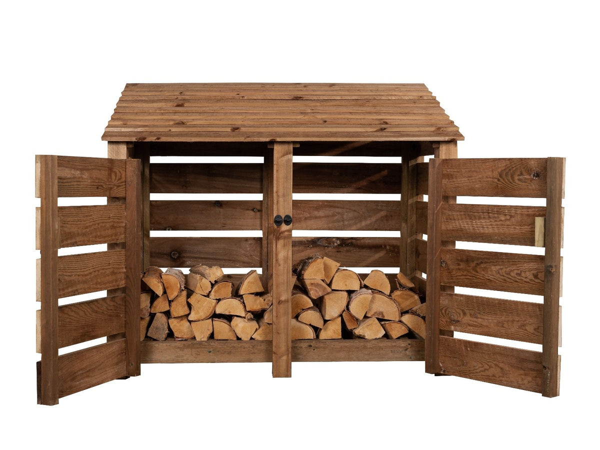 Slatted Wooden Log Store with Door W-146cm, H-126cm or 180cm, D-88cm - Brown Finish - SGP Garden Ltd