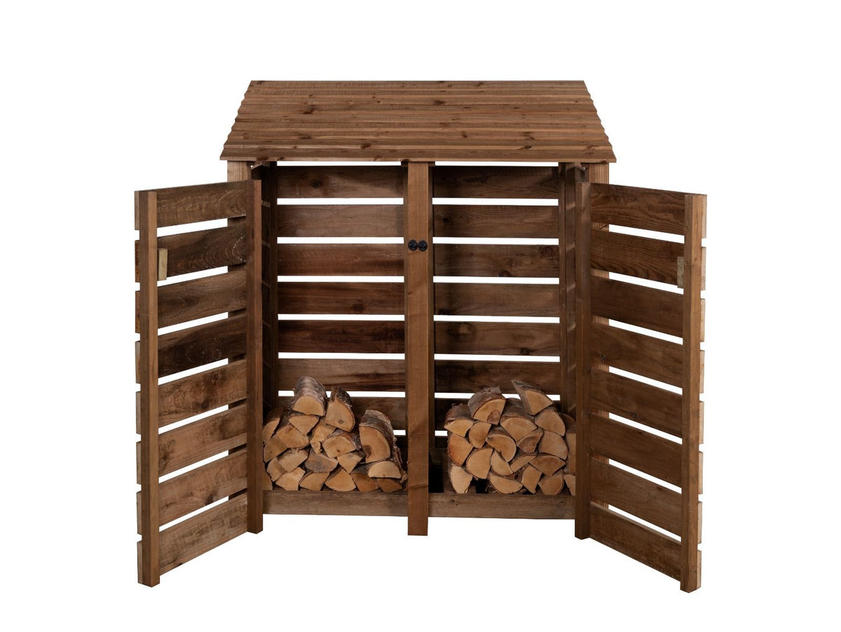 Slatted Wooden Log Store with Door W-146cm, H-126cm or 180cm, D-88cm - Brown Finish - SGP Garden Ltd