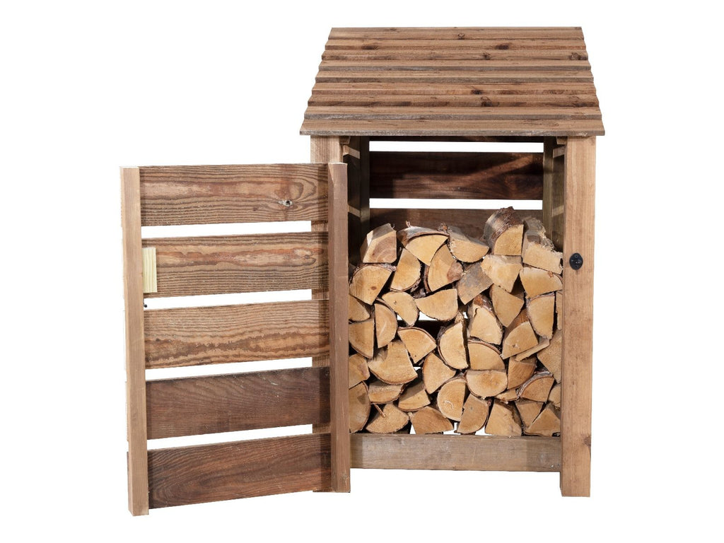 Slatted Wooden Log Store With Door W-79cm, H-126cm or 180cm, D-88cm - Brown Finish - SGP Garden Ltd