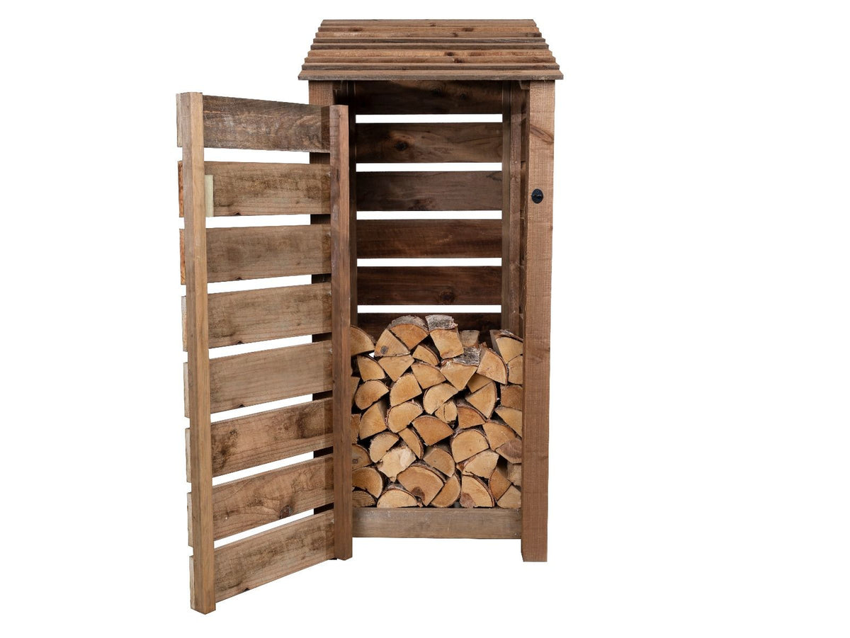 Slatted Wooden Log Store With Door W-79cm, H-126cm or 180cm, D-88cm - Brown Finish - SGP Garden Ltd